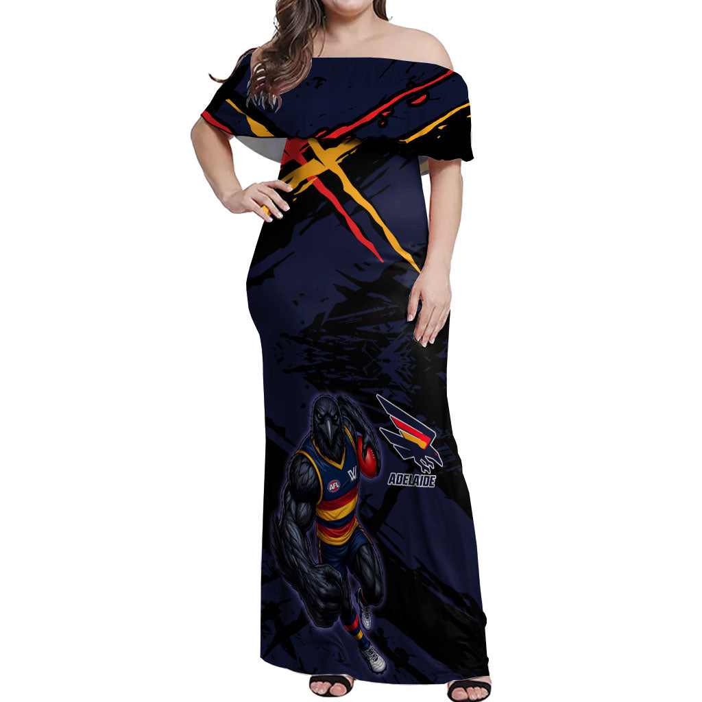 Adelaide Football Club Off Shoulder Maxi Dress Crows Muscular Mascot Graphic - Abstract Paint Splatter Art