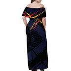 Adelaide Football Club Off Shoulder Maxi Dress Crows Muscular Mascot Graphic - Abstract Paint Splatter Art