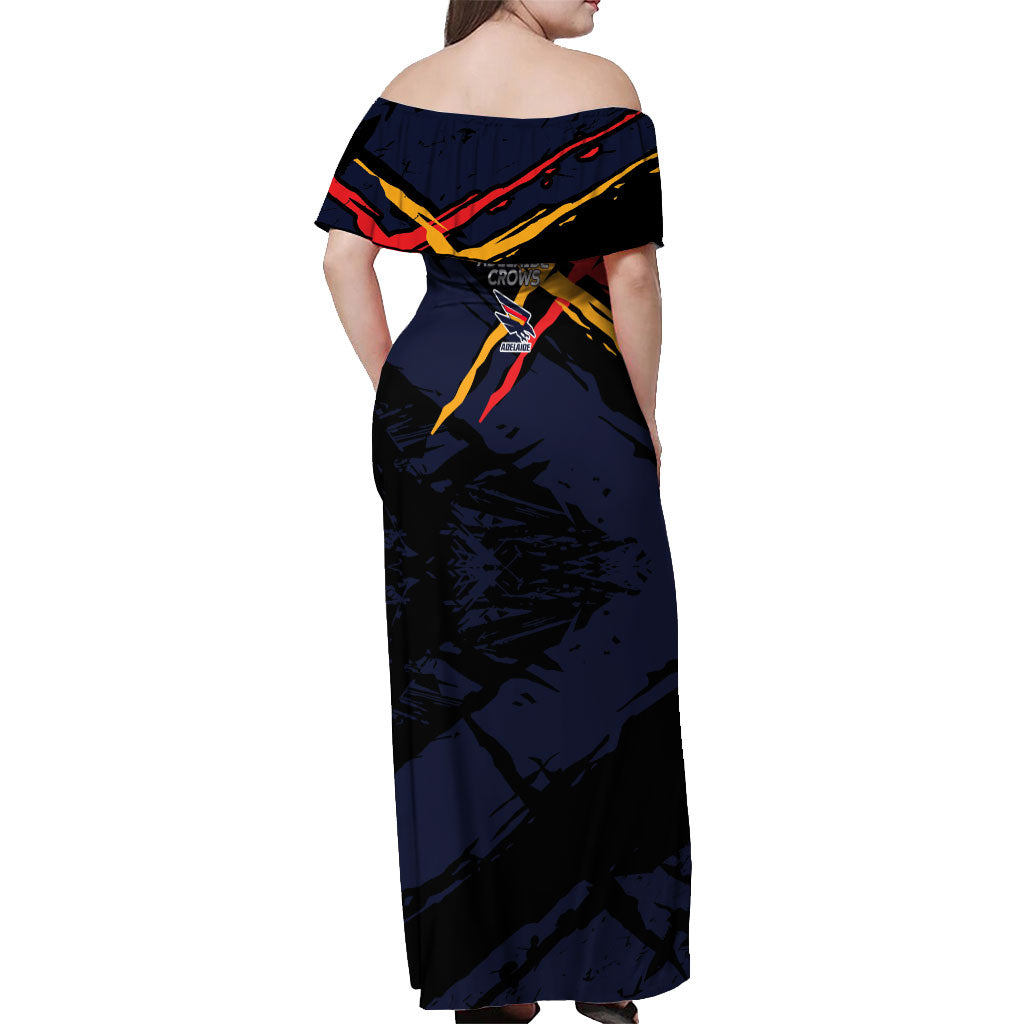 Adelaide Football Club Off Shoulder Maxi Dress Crows Muscular Mascot Graphic - Abstract Paint Splatter Art