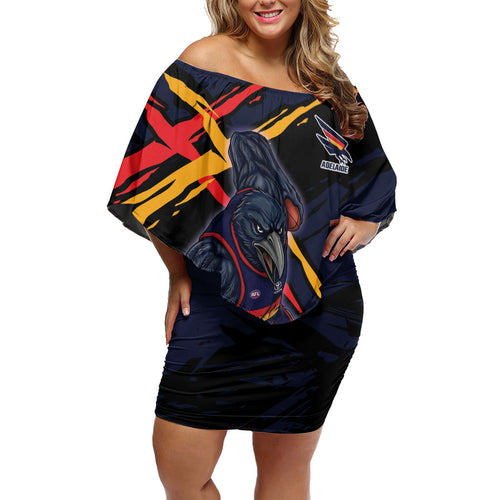 Adelaide Football Club Off Shoulder Short Dress Crows Muscular Mascot Graphic - Abstract Paint Splatter Art