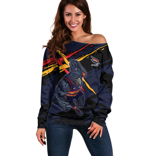 Adelaide Football Club Off Shoulder Sweater Crows Muscular Mascot Graphic - Abstract Paint Splatter Art