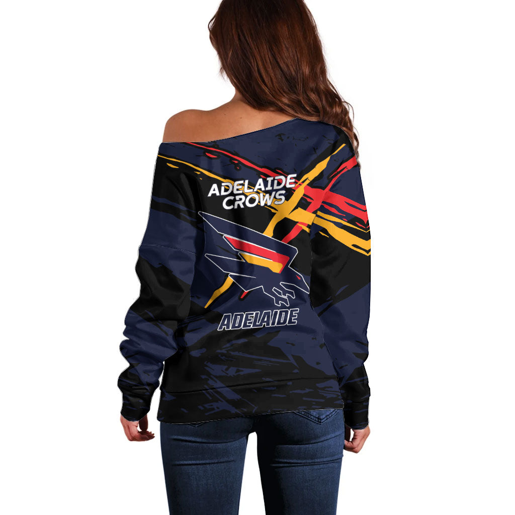 Adelaide Football Club Off Shoulder Sweater Crows Muscular Mascot Graphic - Abstract Paint Splatter Art