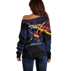 Adelaide Football Club Off Shoulder Sweater Crows Muscular Mascot Graphic - Abstract Paint Splatter Art