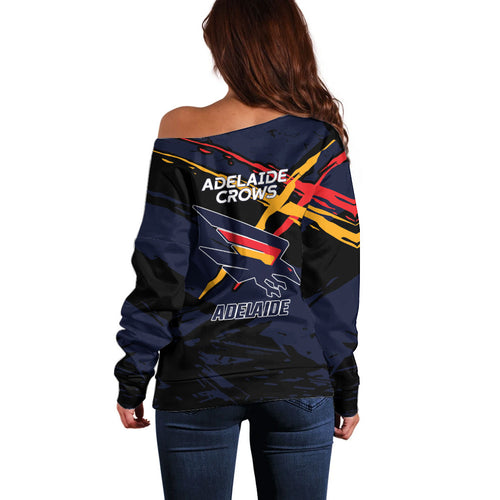 Adelaide Football Club Off Shoulder Sweater Crows Muscular Mascot Graphic - Abstract Paint Splatter Art