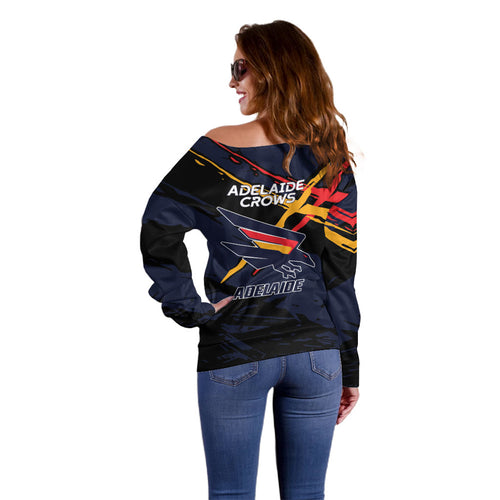 Adelaide Football Club Off Shoulder Sweater Crows Muscular Mascot Graphic - Abstract Paint Splatter Art