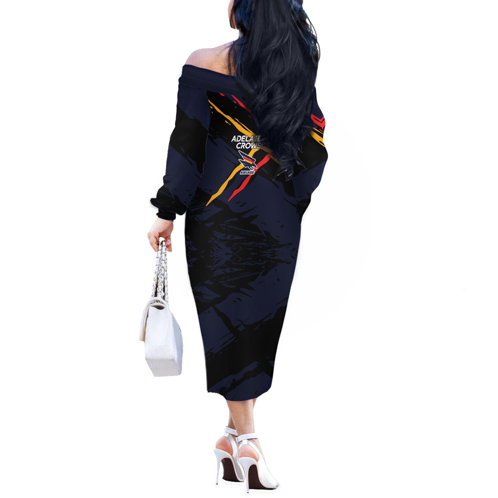 Adelaide Football Club Off The Shoulder Long Sleeve Dress Crows Muscular Mascot Graphic - Abstract Paint Splatter Art