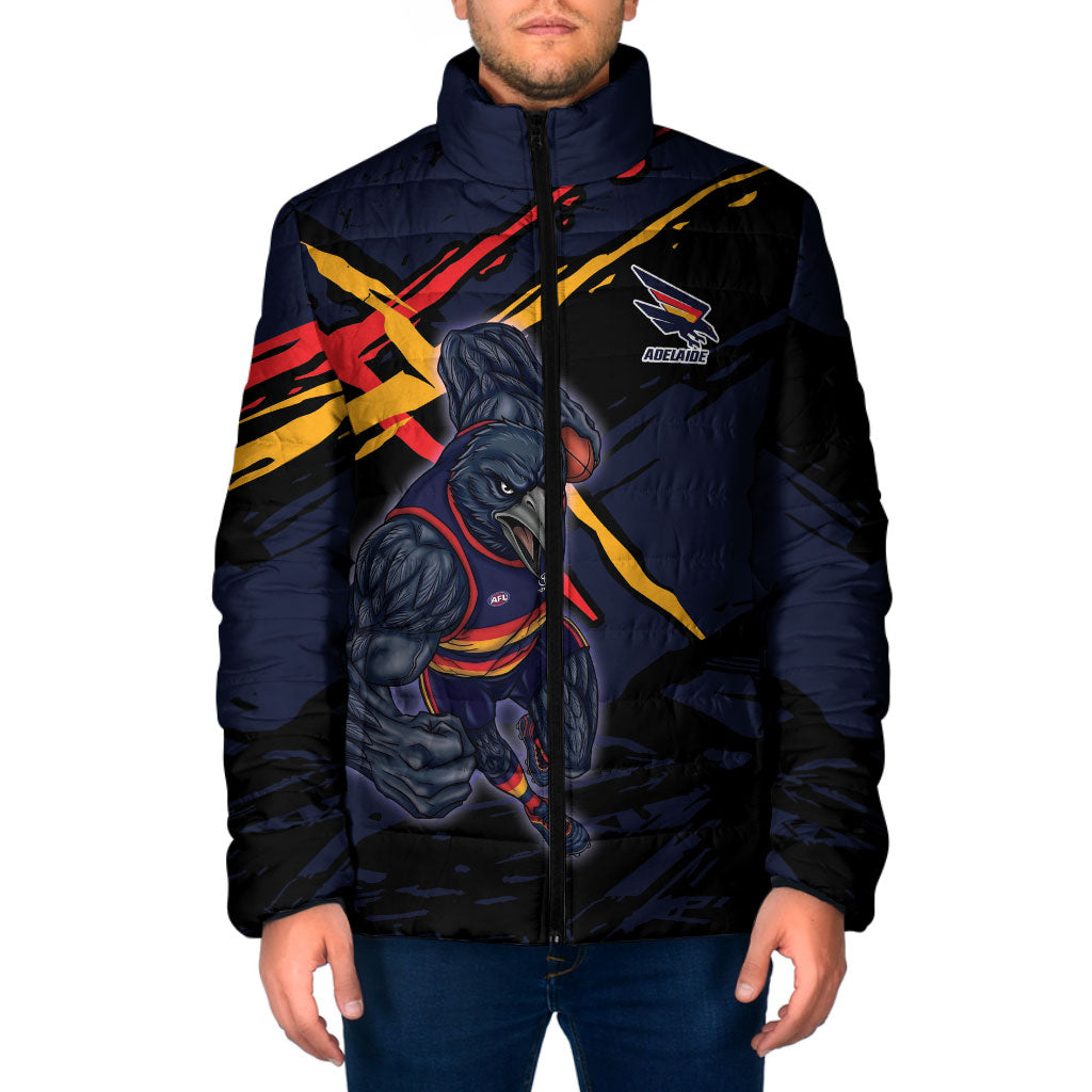 Adelaide Football Club Padded Jacket Crows Muscular Mascot Graphic - Abstract Paint Splatter Art