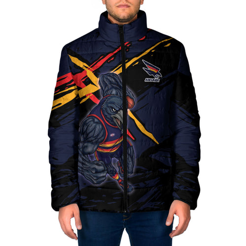 Adelaide Football Club Padded Jacket Crows Muscular Mascot Graphic - Abstract Paint Splatter Art