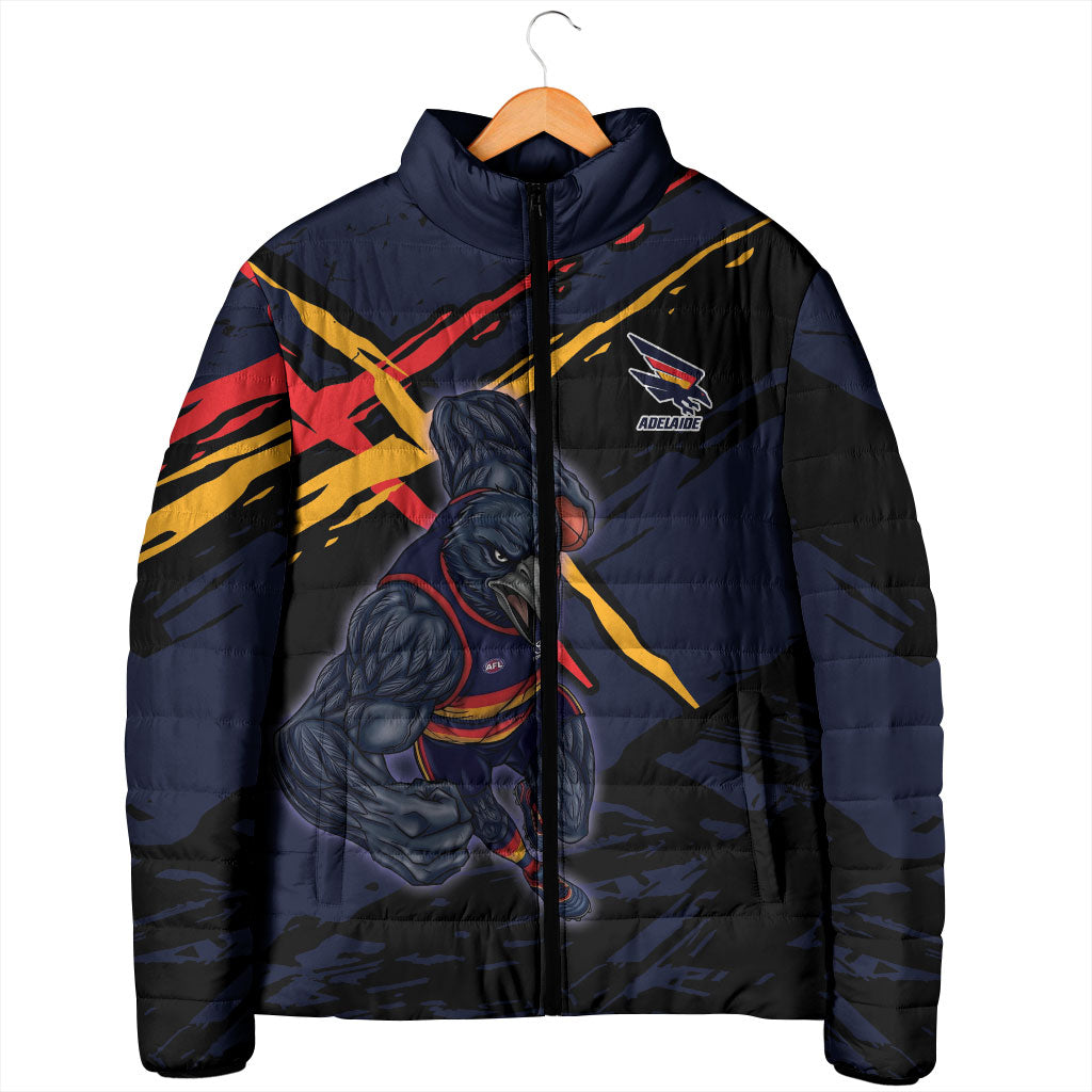 Adelaide Football Club Padded Jacket Crows Muscular Mascot Graphic - Abstract Paint Splatter Art