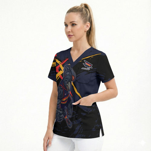 Adelaide Football Club Scrub Top Crows Muscular Mascot Graphic - Abstract Paint Splatter Art