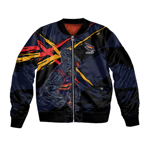 Adelaide Football Club Sleeve Zip Bomber Jacket Crows Muscular Mascot Graphic - Abstract Paint Splatter Art