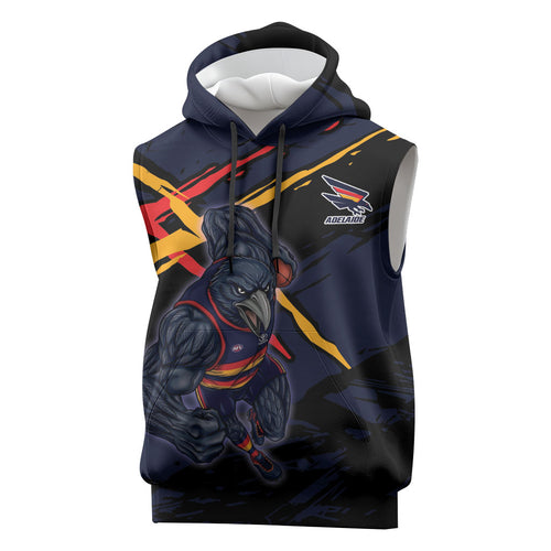 Adelaide Football Club Sleeveless Hoodie Crows Muscular Mascot Graphic - Abstract Paint Splatter Art