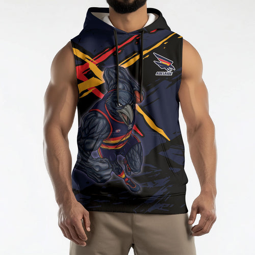 Adelaide Football Club Sleeveless Hoodie Crows Muscular Mascot Graphic - Abstract Paint Splatter Art