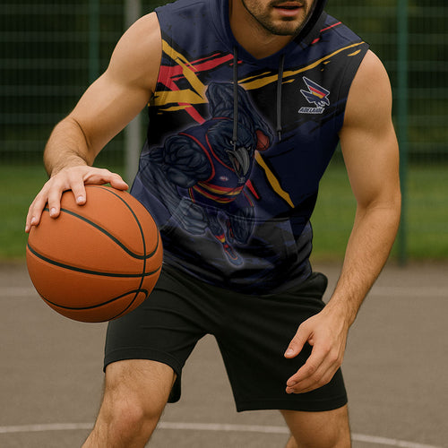 Adelaide Football Club Sleeveless Hoodie Crows Muscular Mascot Graphic - Abstract Paint Splatter Art