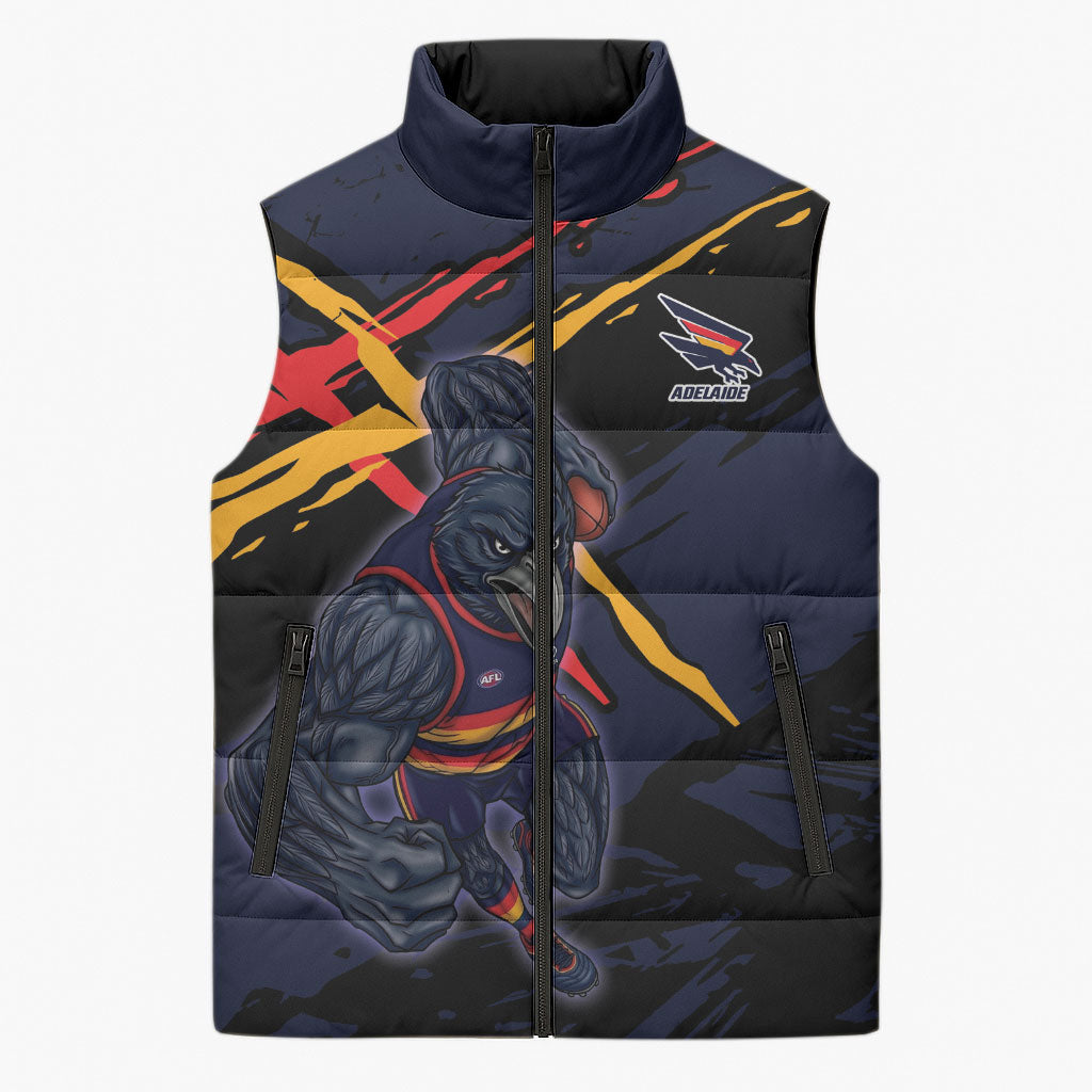 Adelaide Football Club Sleeveless Puffer Jacket Crows Muscular Mascot Graphic - Abstract Paint Splatter Art