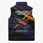 Adelaide Football Club Sleeveless Puffer Jacket Crows Muscular Mascot Graphic - Abstract Paint Splatter Art