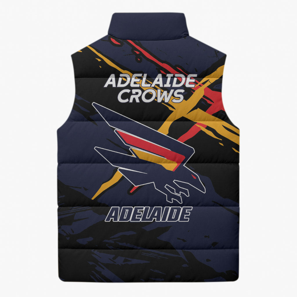 Adelaide Football Club Sleeveless Puffer Jacket Crows Muscular Mascot Graphic - Abstract Paint Splatter Art