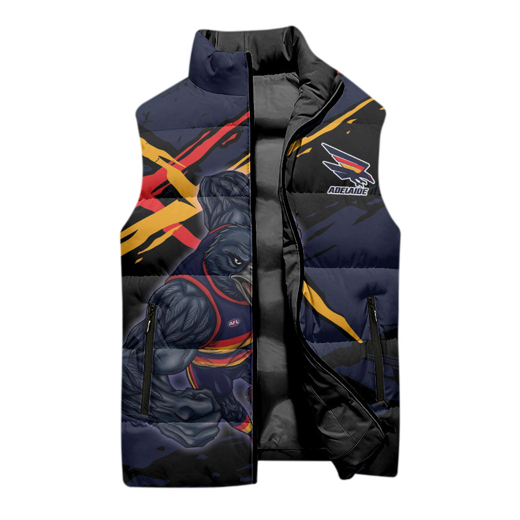 Adelaide Football Club Sleeveless Puffer Jacket Crows Muscular Mascot Graphic - Abstract Paint Splatter Art