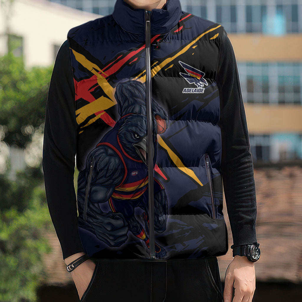 Adelaide Football Club Sleeveless Puffer Jacket Crows Muscular Mascot Graphic - Abstract Paint Splatter Art
