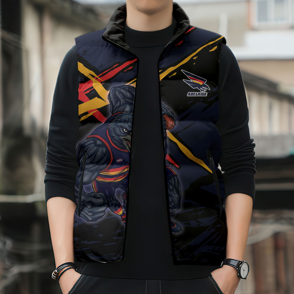 Adelaide Football Club Sleeveless Puffer Jacket Crows Muscular Mascot Graphic - Abstract Paint Splatter Art