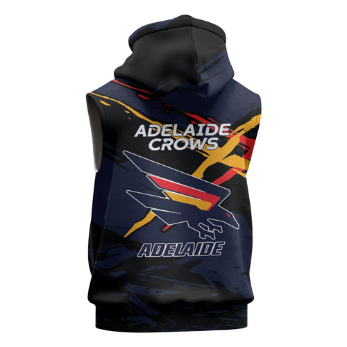 Adelaide Football Club Sleeveless Zip Hoodie Crows Muscular Mascot Graphic - Abstract Paint Splatter Art