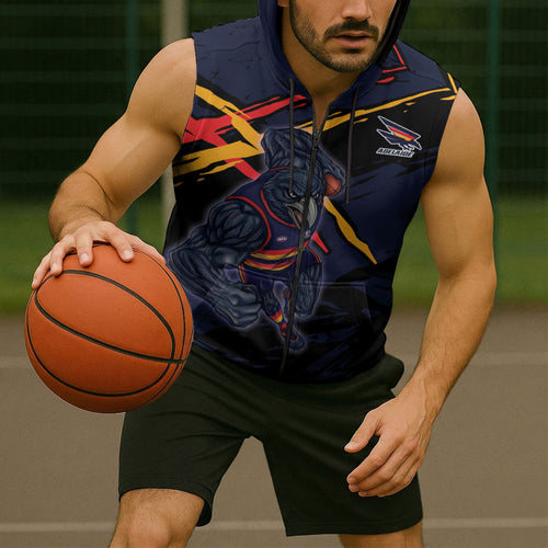 Adelaide Football Club Sleeveless Zip Hoodie Crows Muscular Mascot Graphic - Abstract Paint Splatter Art