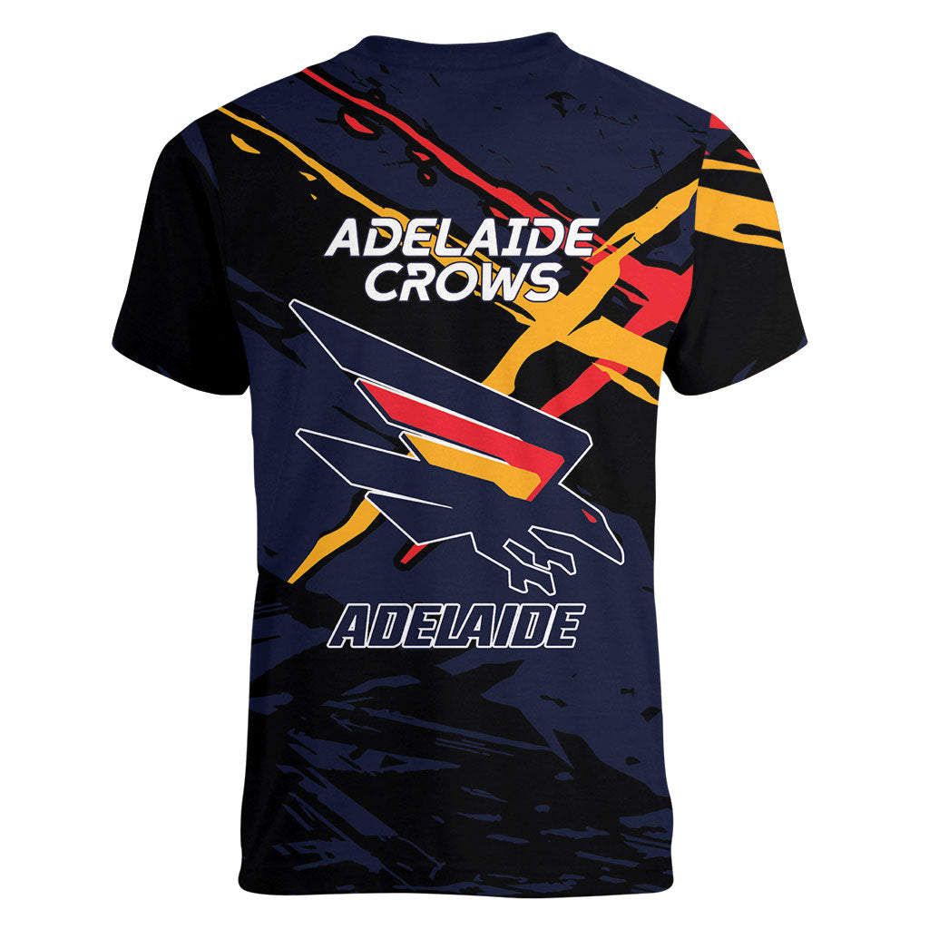 Adelaide Football Club Women V-Neck T-Shirt Crows Muscular Mascot Graphic - Abstract Paint Splatter Art