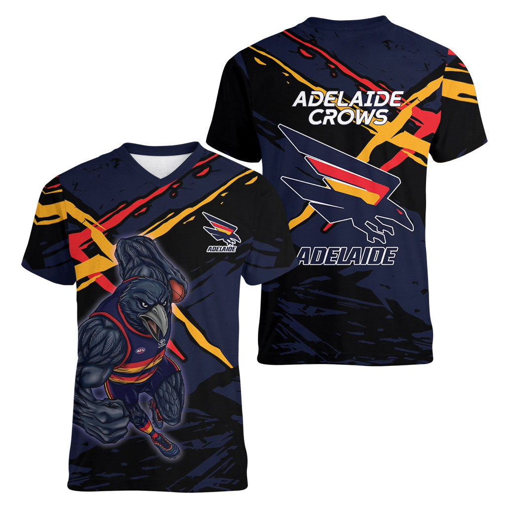 Adelaide Football Club Women V-Neck T-Shirt Crows Muscular Mascot Graphic - Abstract Paint Splatter Art