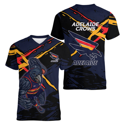 Adelaide Football Club Women V-Neck T-Shirt Crows Muscular Mascot Graphic - Abstract Paint Splatter Art