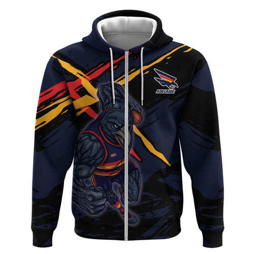 Adelaide Football Club Zip Hoodie Crows Muscular Mascot Graphic - Abstract Paint Splatter Art