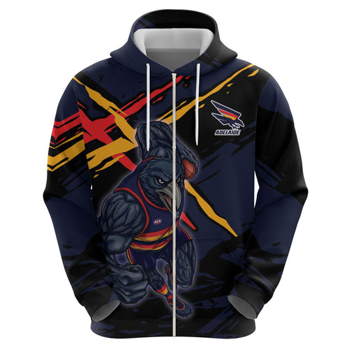 Adelaide Football Club Zip Hoodie Crows Muscular Mascot Graphic - Abstract Paint Splatter Art