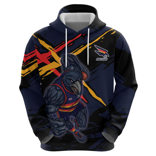 Adelaide Football Club Zip Hoodie Crows Muscular Mascot Graphic - Abstract Paint Splatter Art