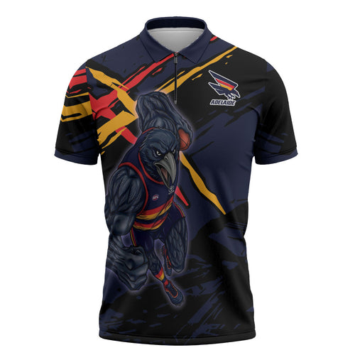 Adelaide Football Club Zipper Polo Shirt Crows Muscular Mascot Graphic - Abstract Paint Splatter Art