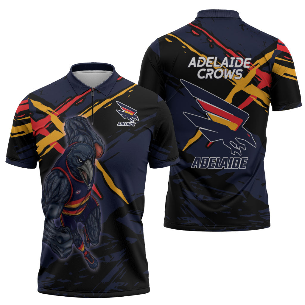Adelaide Football Club Zipper Polo Shirt Crows Muscular Mascot Graphic - Abstract Paint Splatter Art