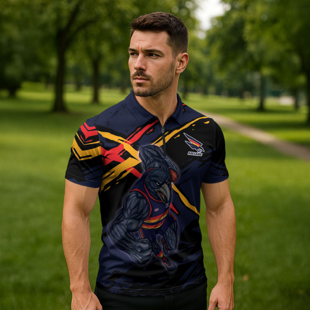 Adelaide Football Club Zipper Polo Shirt Crows Muscular Mascot Graphic - Abstract Paint Splatter Art