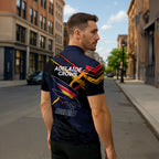 Adelaide Football Club Zipper Polo Shirt Crows Muscular Mascot Graphic - Abstract Paint Splatter Art