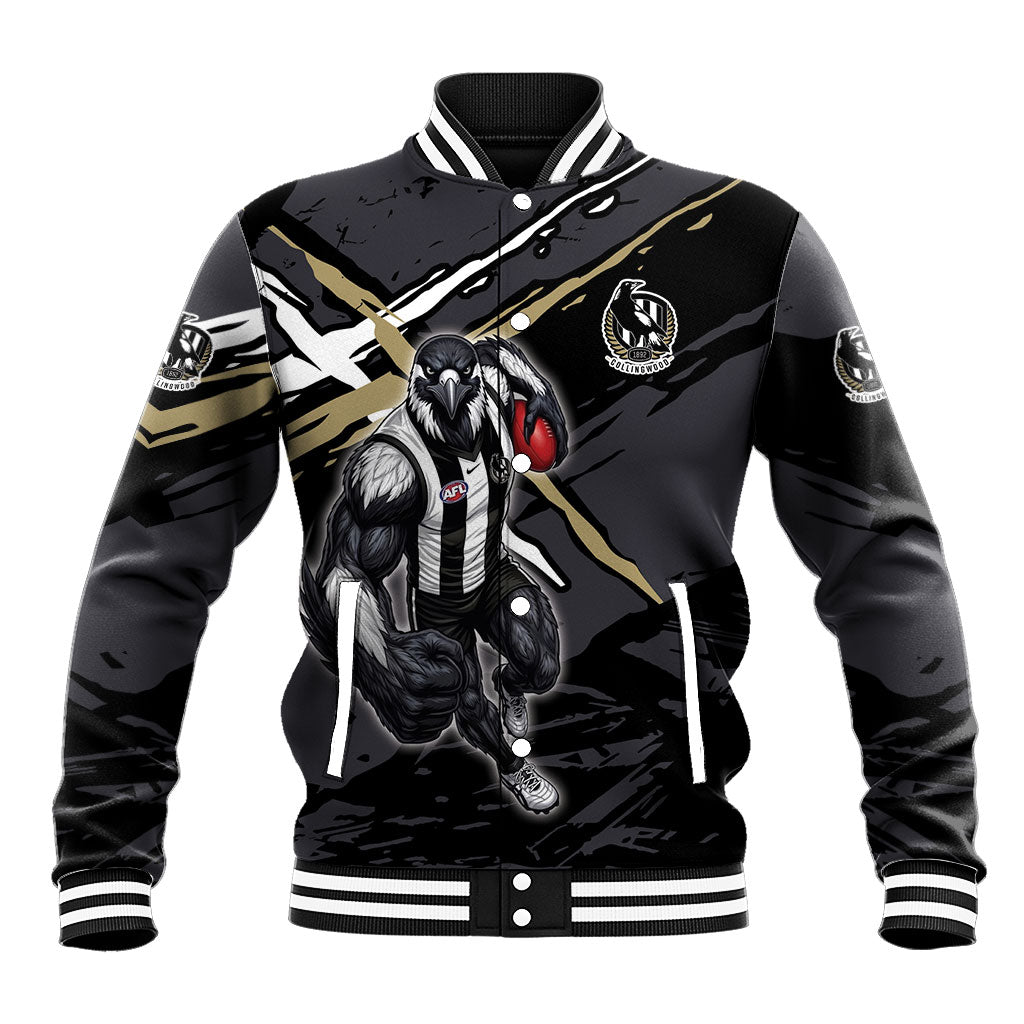 Collingwood Football Club Baseball Jacket Magpies Muscular Mascot Graphic - Abstract Paint Splatter Art