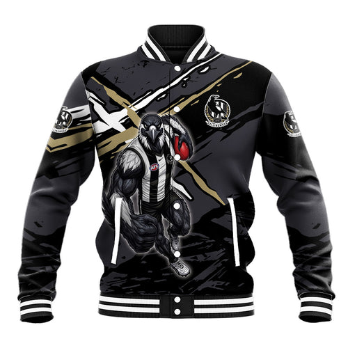 Collingwood Football Club Baseball Jacket Magpies Muscular Mascot Graphic - Abstract Paint Splatter Art