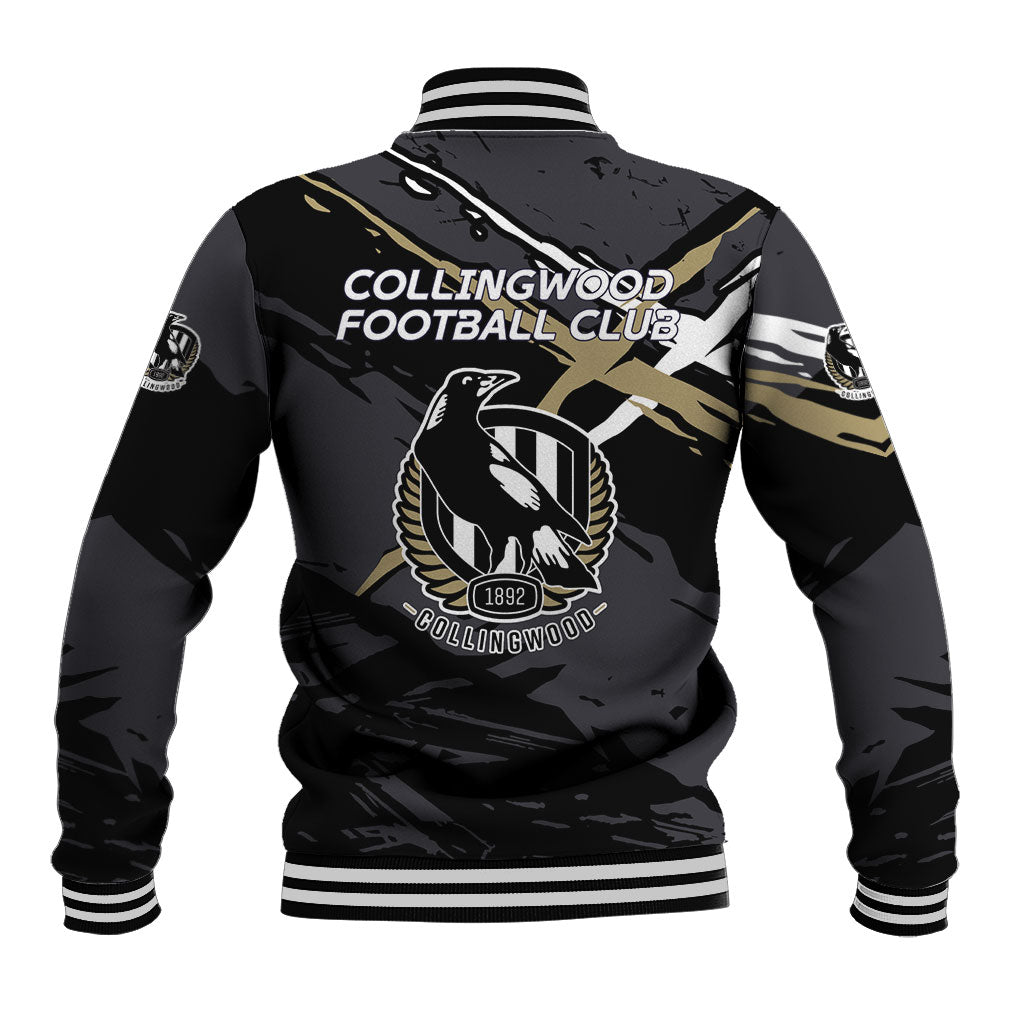 Collingwood Football Club Baseball Jacket Magpies Muscular Mascot Graphic - Abstract Paint Splatter Art