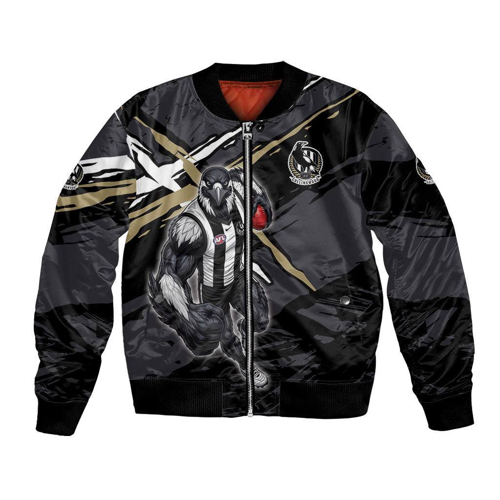 Collingwood Football Club Bomber Jacket Magpies Muscular Mascot Graphic - Abstract Paint Splatter Art