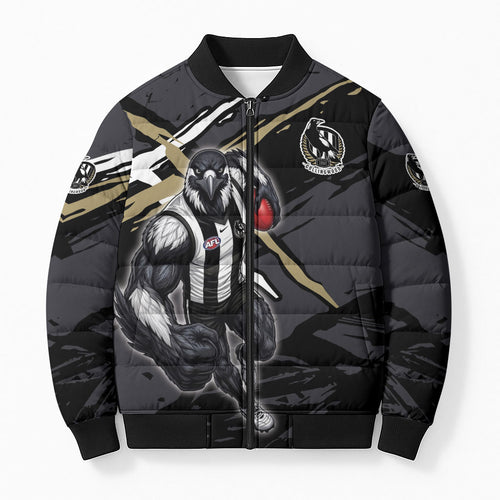 Collingwood Football Club Bomber Puffer Jacket Magpies Muscular Mascot Graphic - Abstract Paint Splatter Art