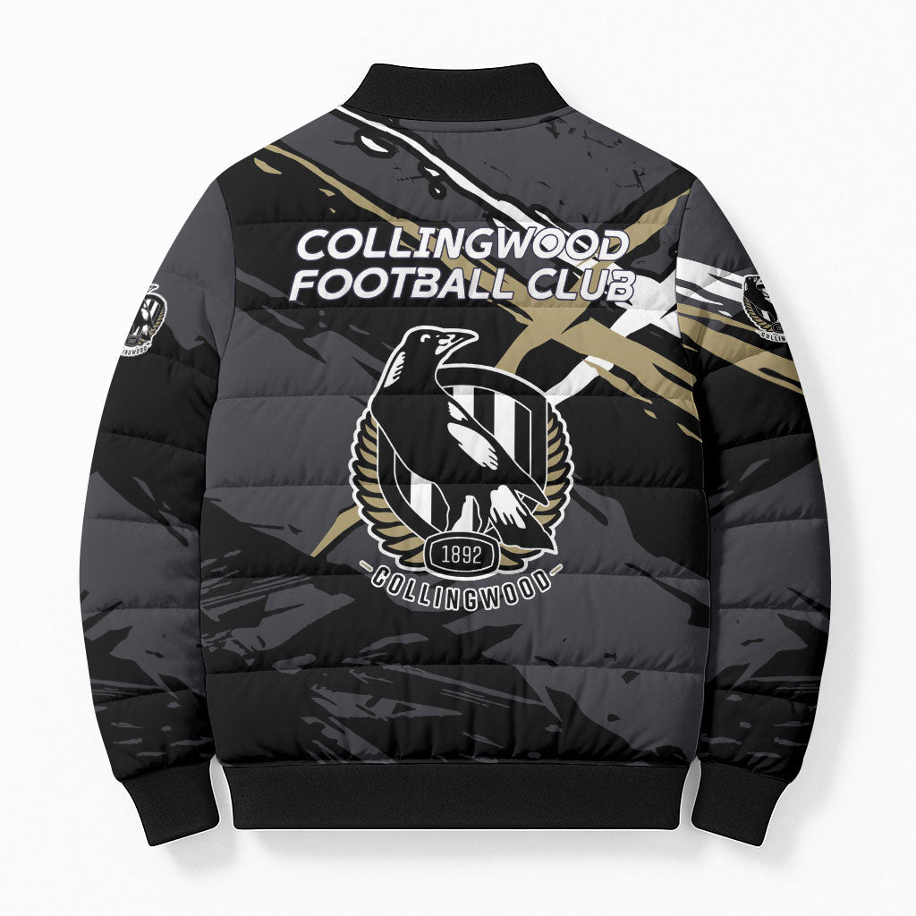 Collingwood Football Club Bomber Puffer Jacket Magpies Muscular Mascot Graphic - Abstract Paint Splatter Art