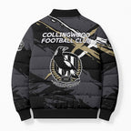 Collingwood Football Club Bomber Puffer Jacket Magpies Muscular Mascot Graphic - Abstract Paint Splatter Art