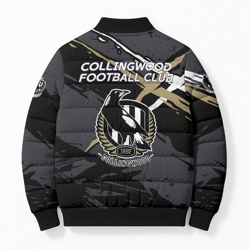 Collingwood Football Club Bomber Puffer Jacket Magpies Muscular Mascot Graphic - Abstract Paint Splatter Art