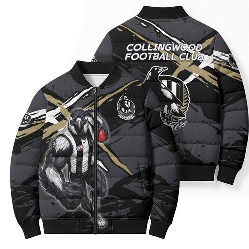 Collingwood Football Club Bomber Puffer Jacket Magpies Muscular Mascot Graphic - Abstract Paint Splatter Art