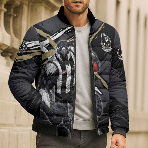 Collingwood Football Club Bomber Puffer Jacket Magpies Muscular Mascot Graphic - Abstract Paint Splatter Art