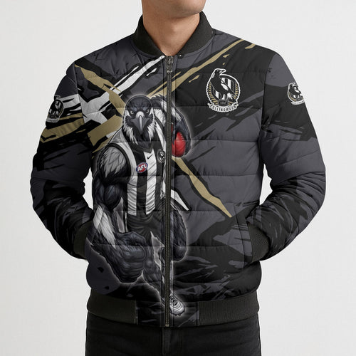 Collingwood Football Club Bomber Puffer Jacket Magpies Muscular Mascot Graphic - Abstract Paint Splatter Art