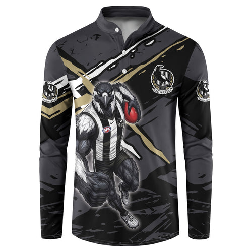 Collingwood Football Club Button Sweatshirt Magpies Muscular Mascot Graphic - Abstract Paint Splatter Art