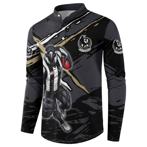 Collingwood Football Club Button Sweatshirt Magpies Muscular Mascot Graphic - Abstract Paint Splatter Art