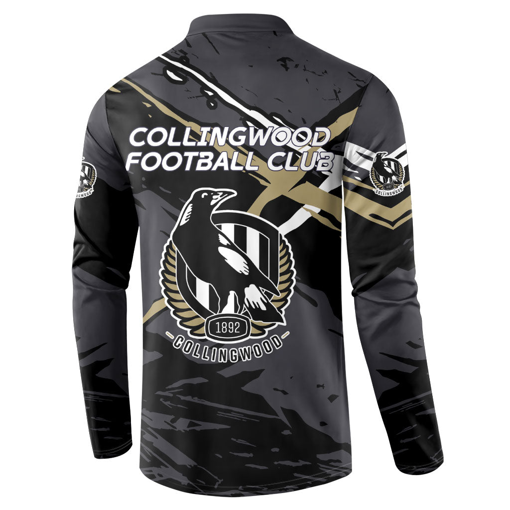 Collingwood Football Club Button Sweatshirt Magpies Muscular Mascot Graphic - Abstract Paint Splatter Art